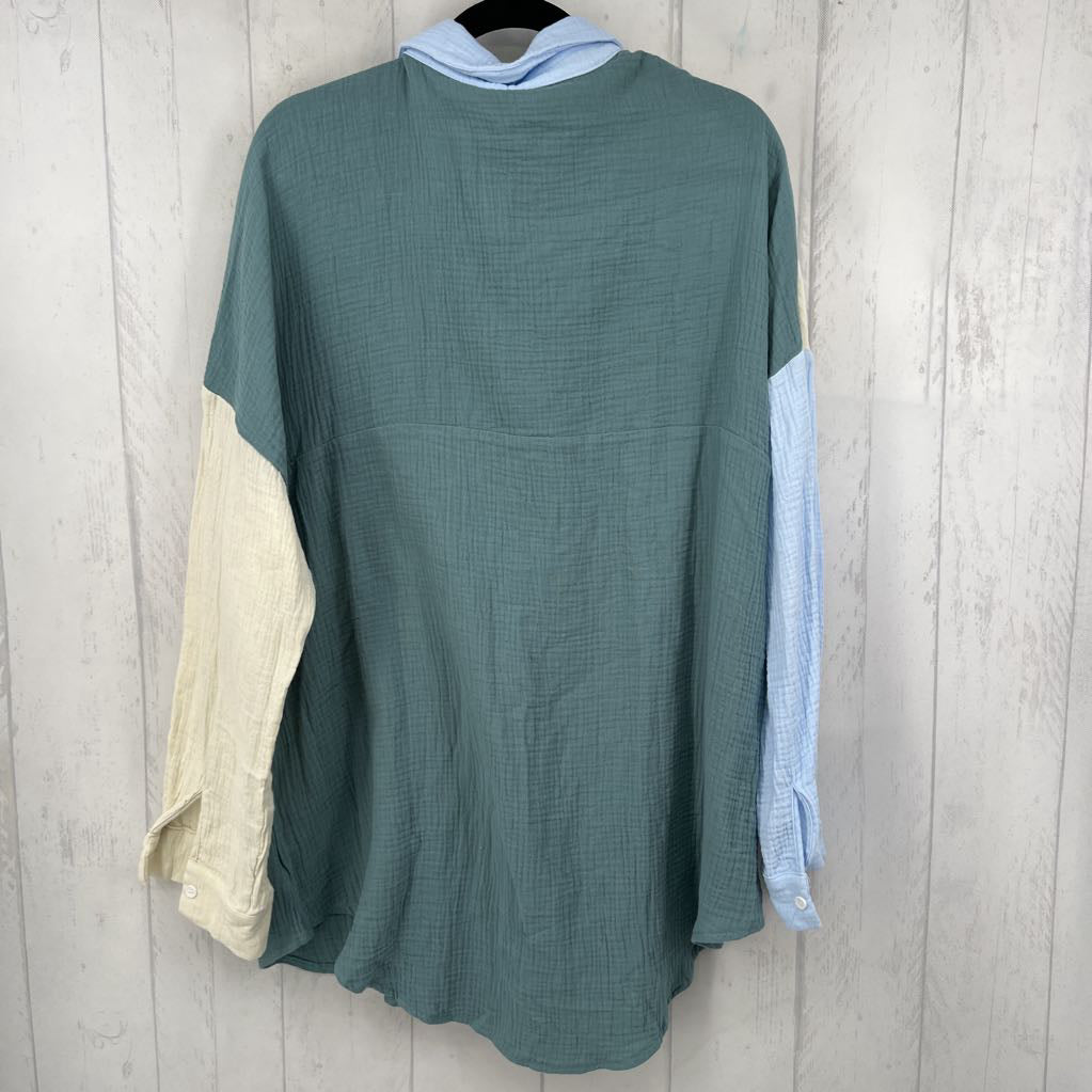 2XL gauze colorblock button down l/s top