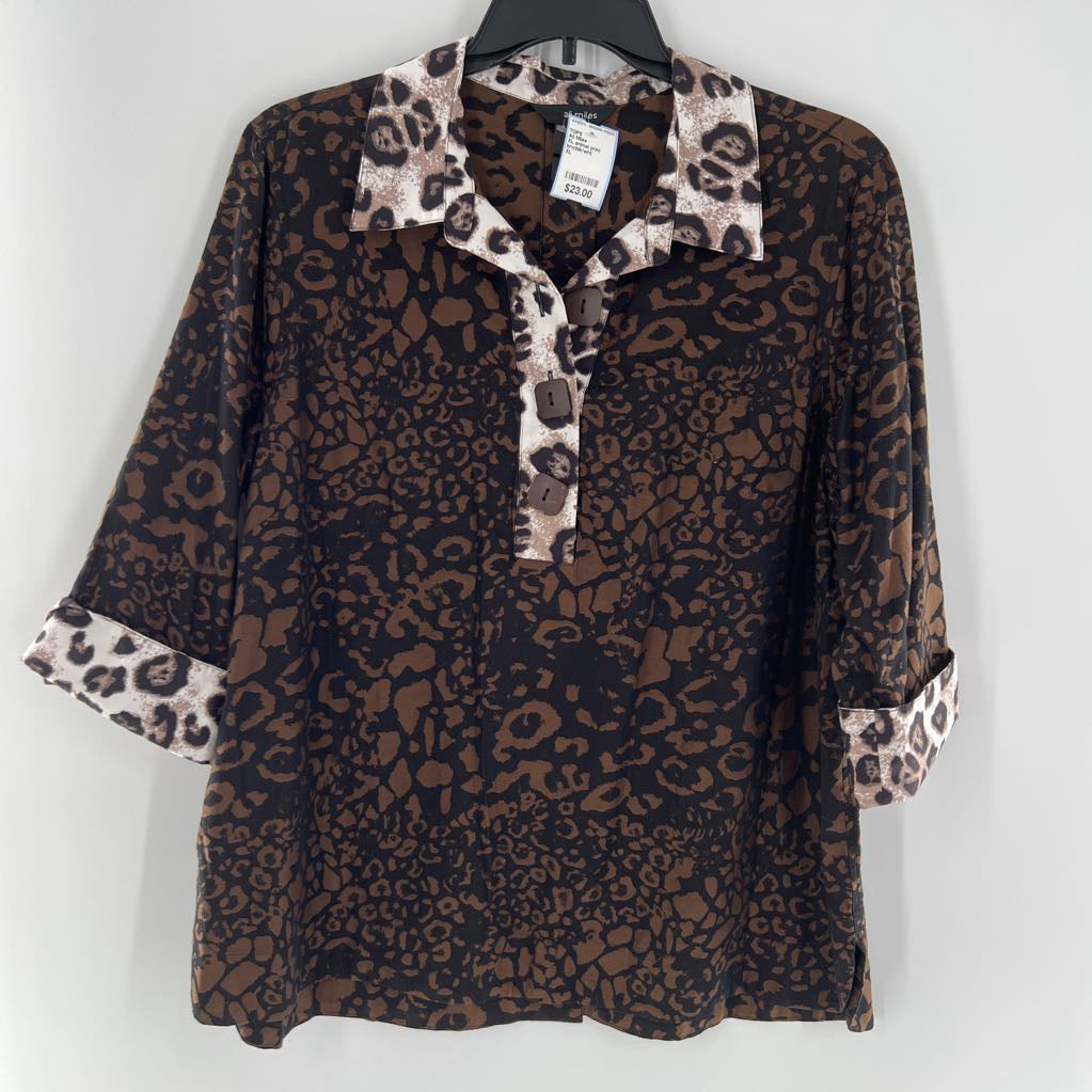 XL animal print quarter button down cuffed slv top