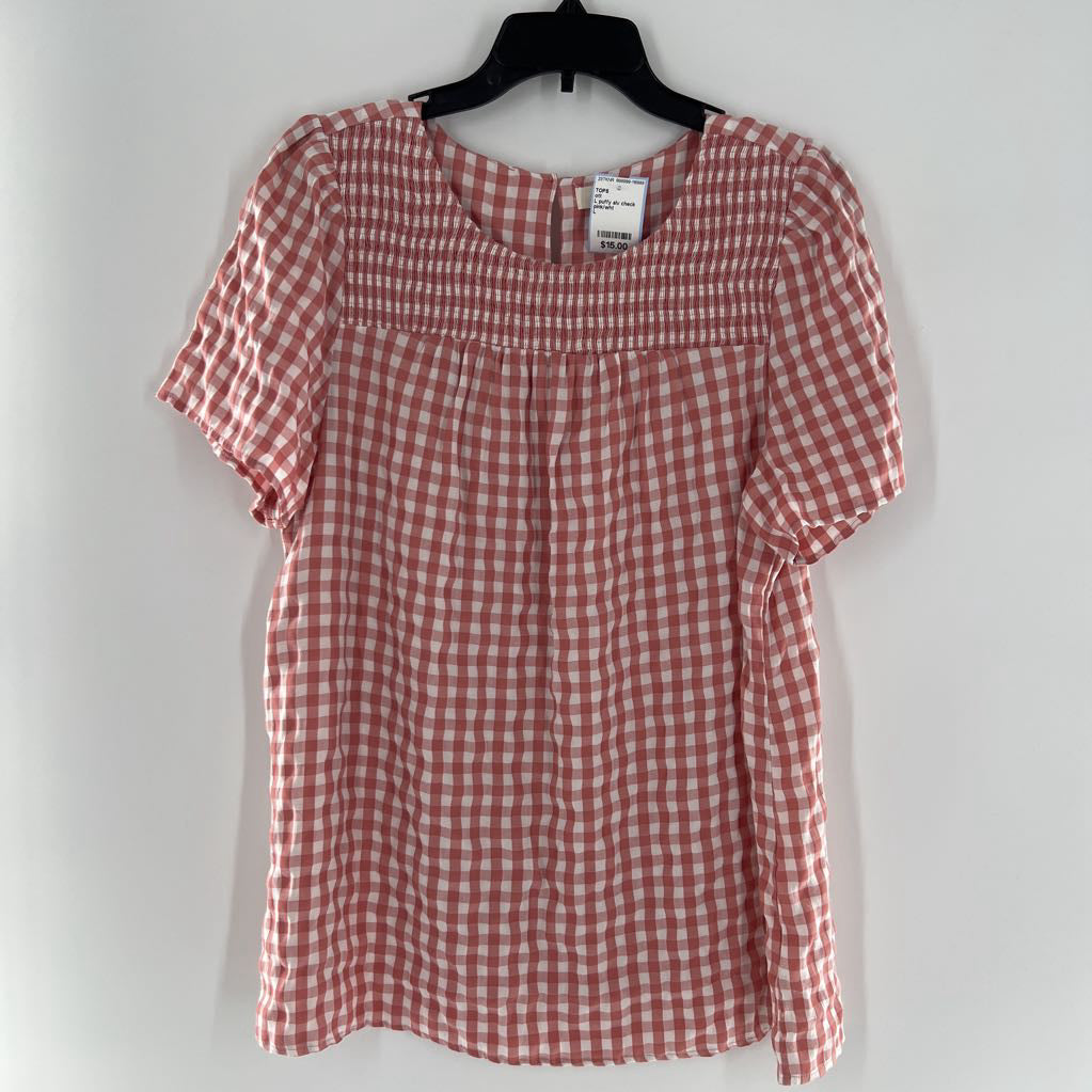 L puffy slv check smocked top