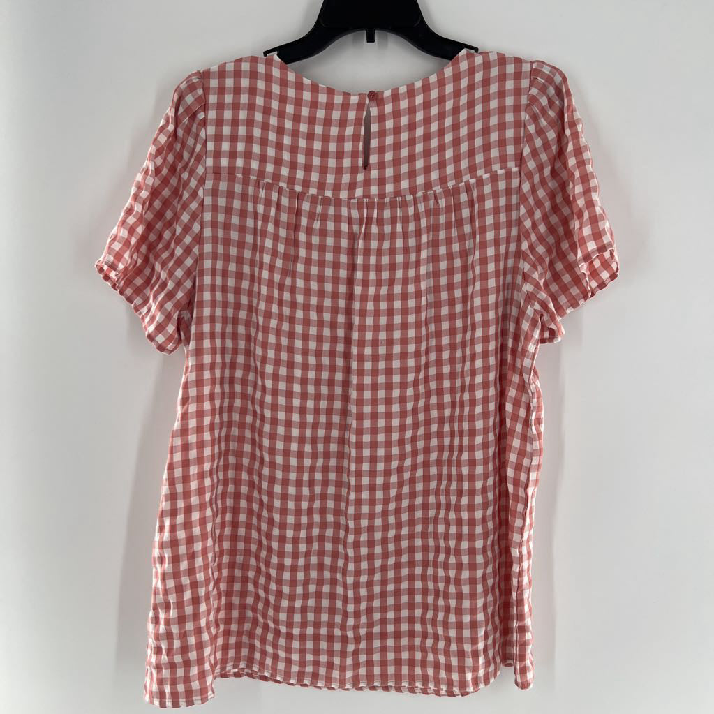 L puffy slv check smocked top