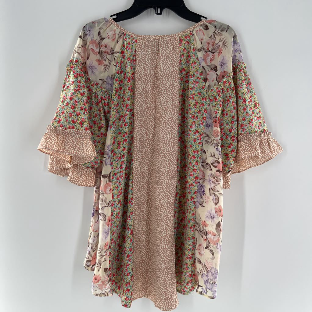S s/s floral print pleated keyhole top