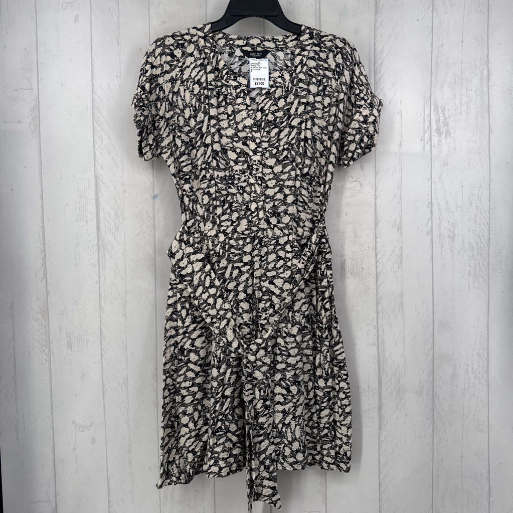 S printed split neck belted s/s dress