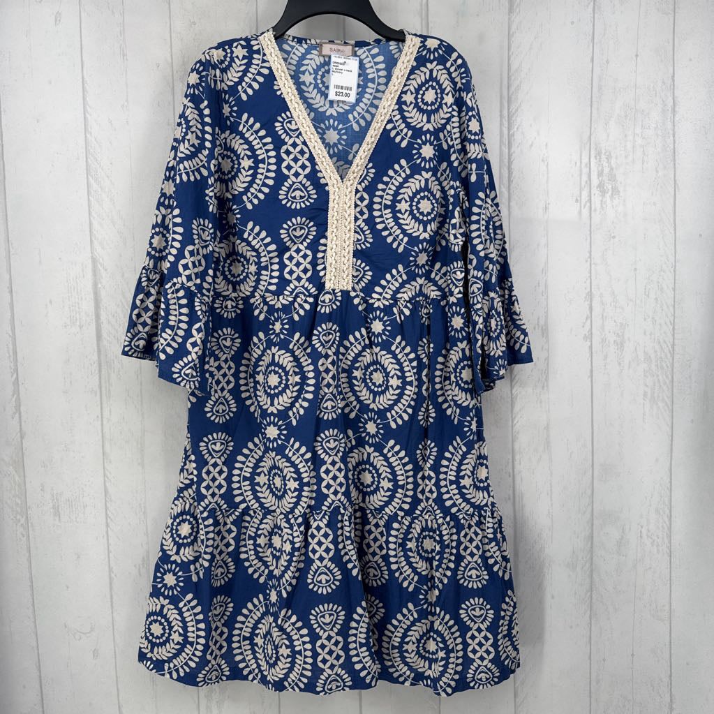 L woven v-neck printed 3/4 slv dress