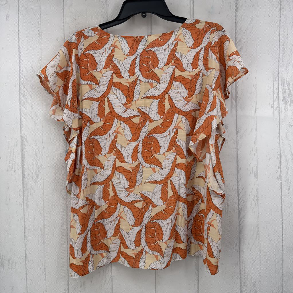 XL leaf print button down ruffled s/s top