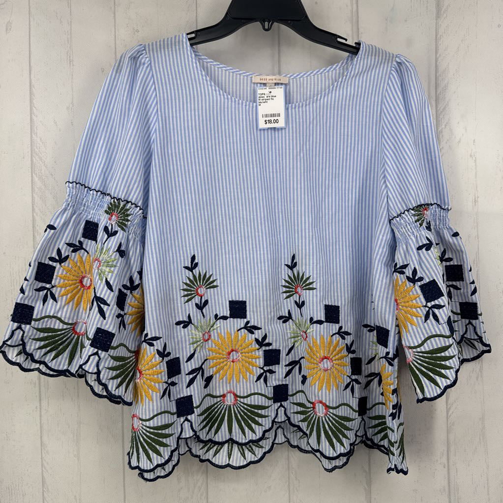 M striped flo embroidered 3/4 slv top