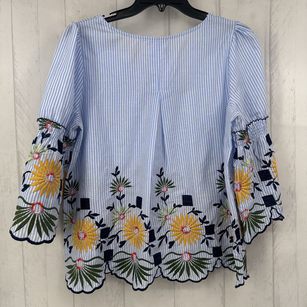 M striped flo embroidered 3/4 slv top