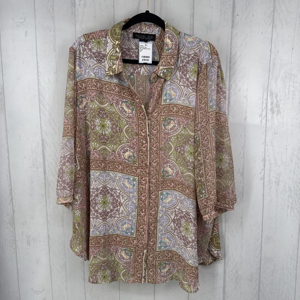 2X medallion print button down 3/4 slv top