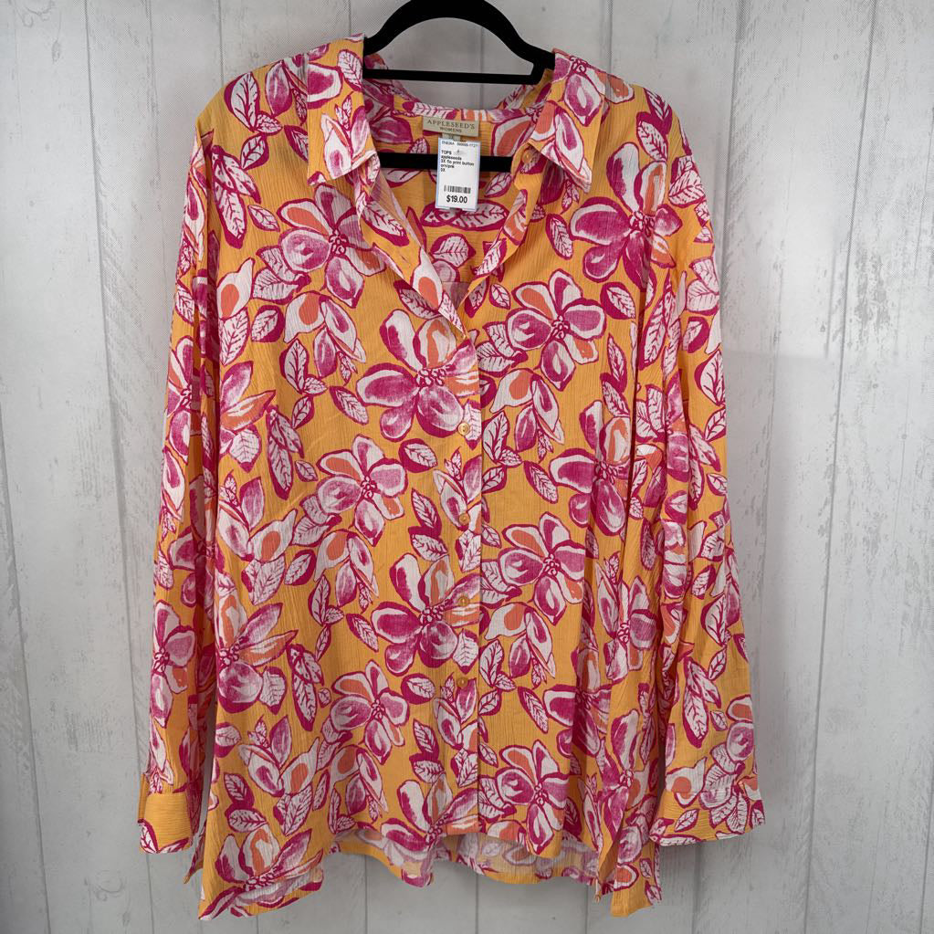 3X flo print button down l/s top