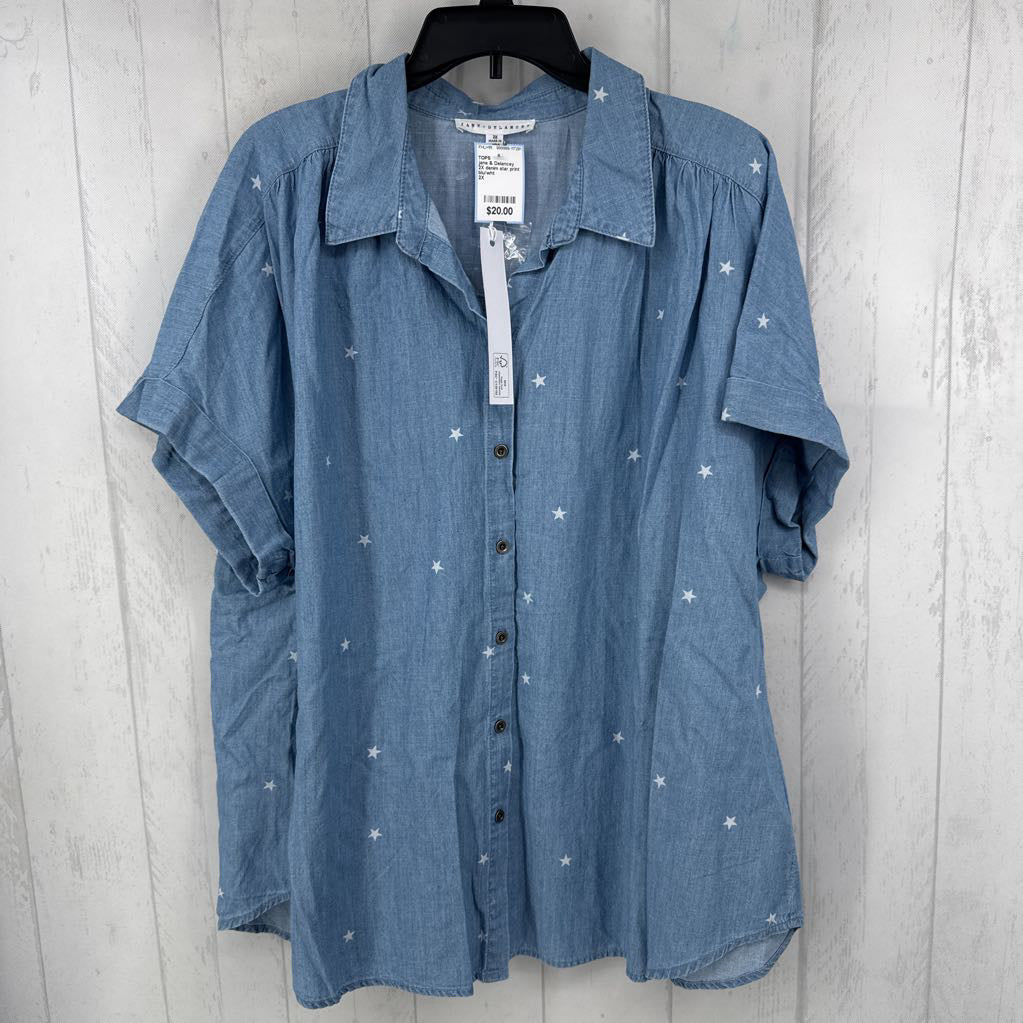 2X denim star print button down s/s top