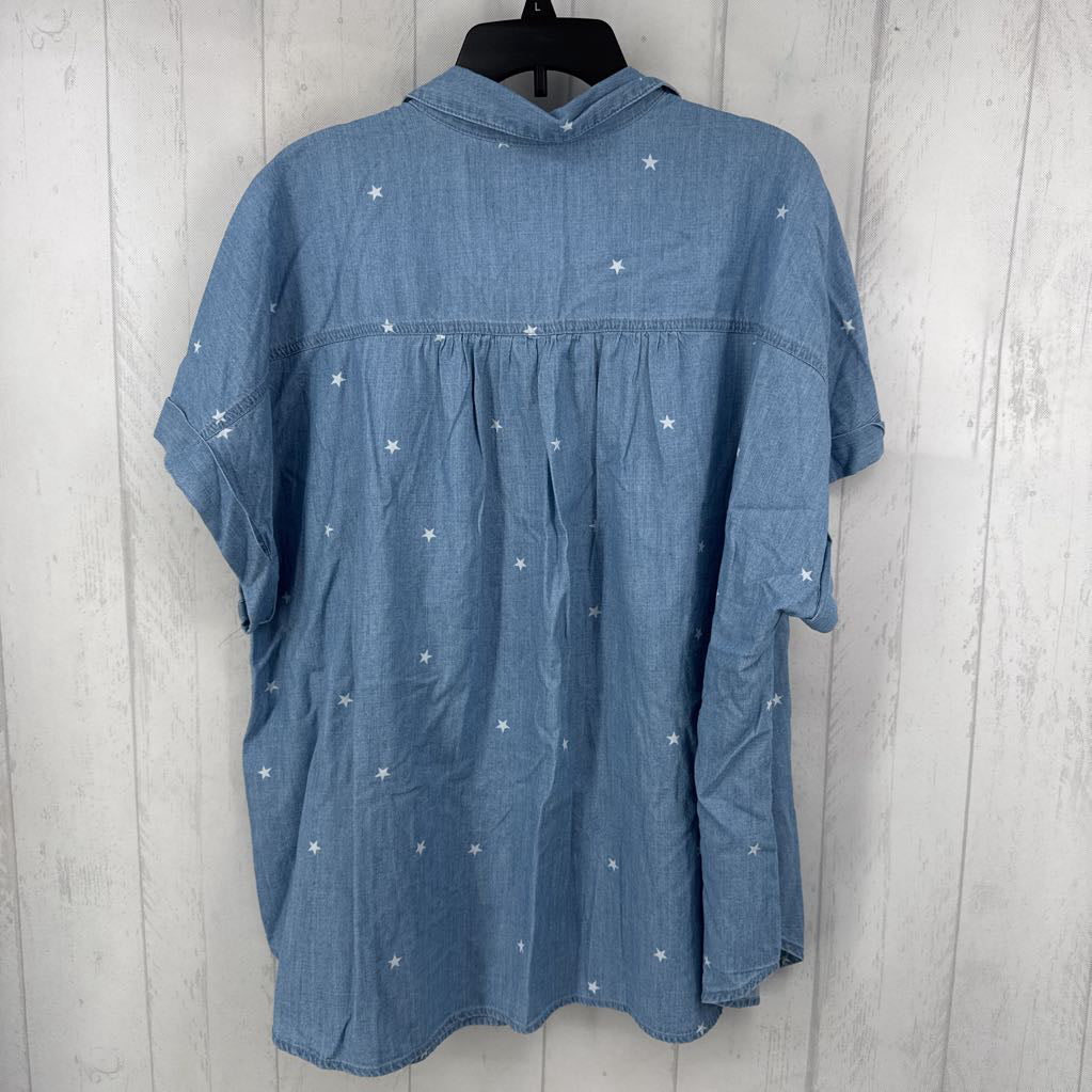 2X denim star print button down s/s top