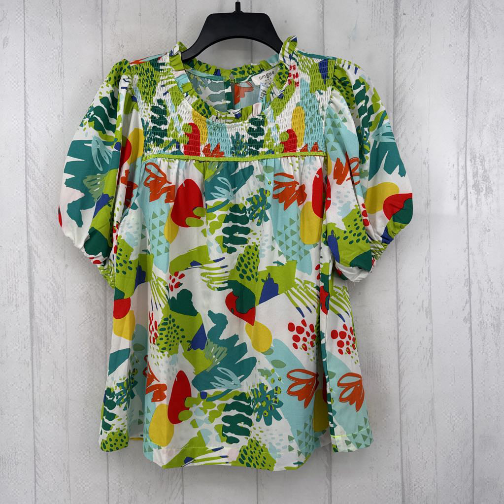 M smocked flo print s/s top