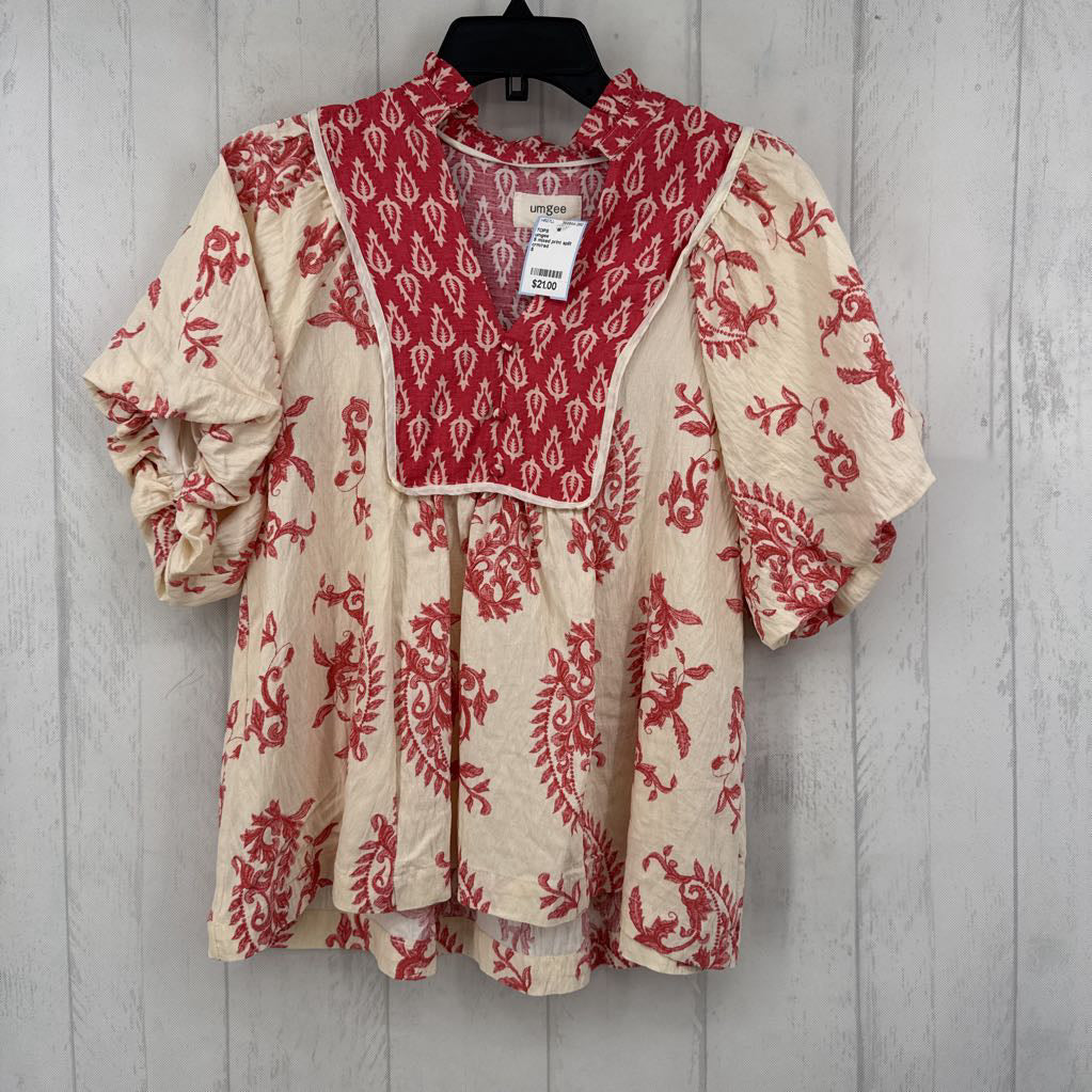 S mixed print split neck s/s top