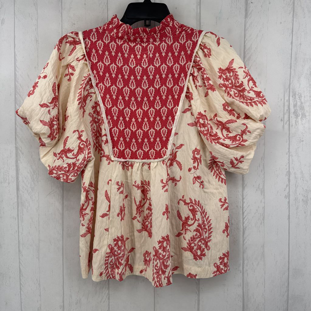 S mixed print split neck s/s top
