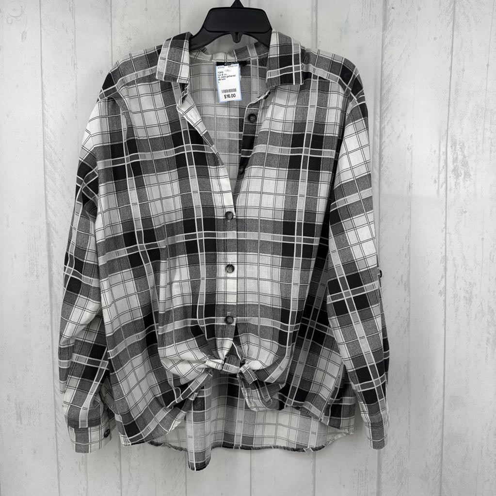 XL plaid gathered hem button down l/s top
