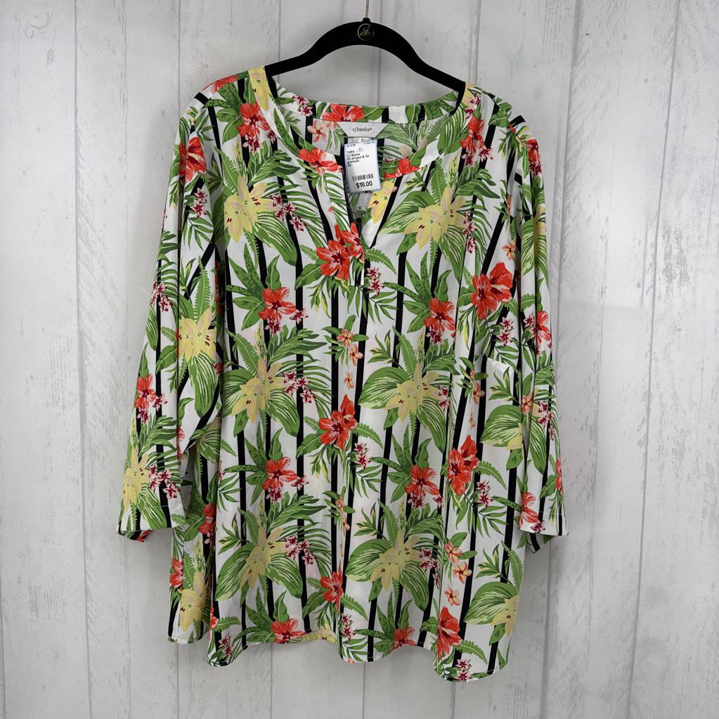 2X striped & flo print split neck 3/4 slv top