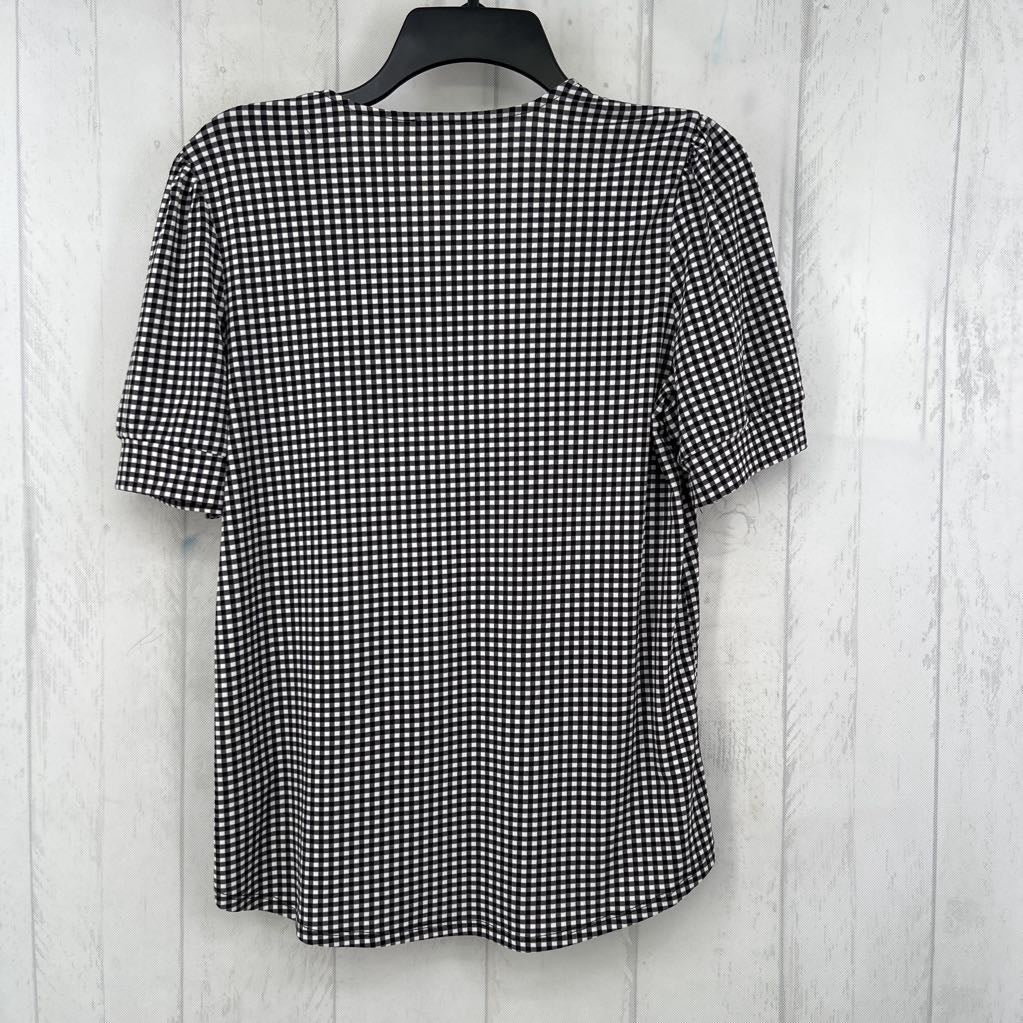 S gingham print v-neck s/s top