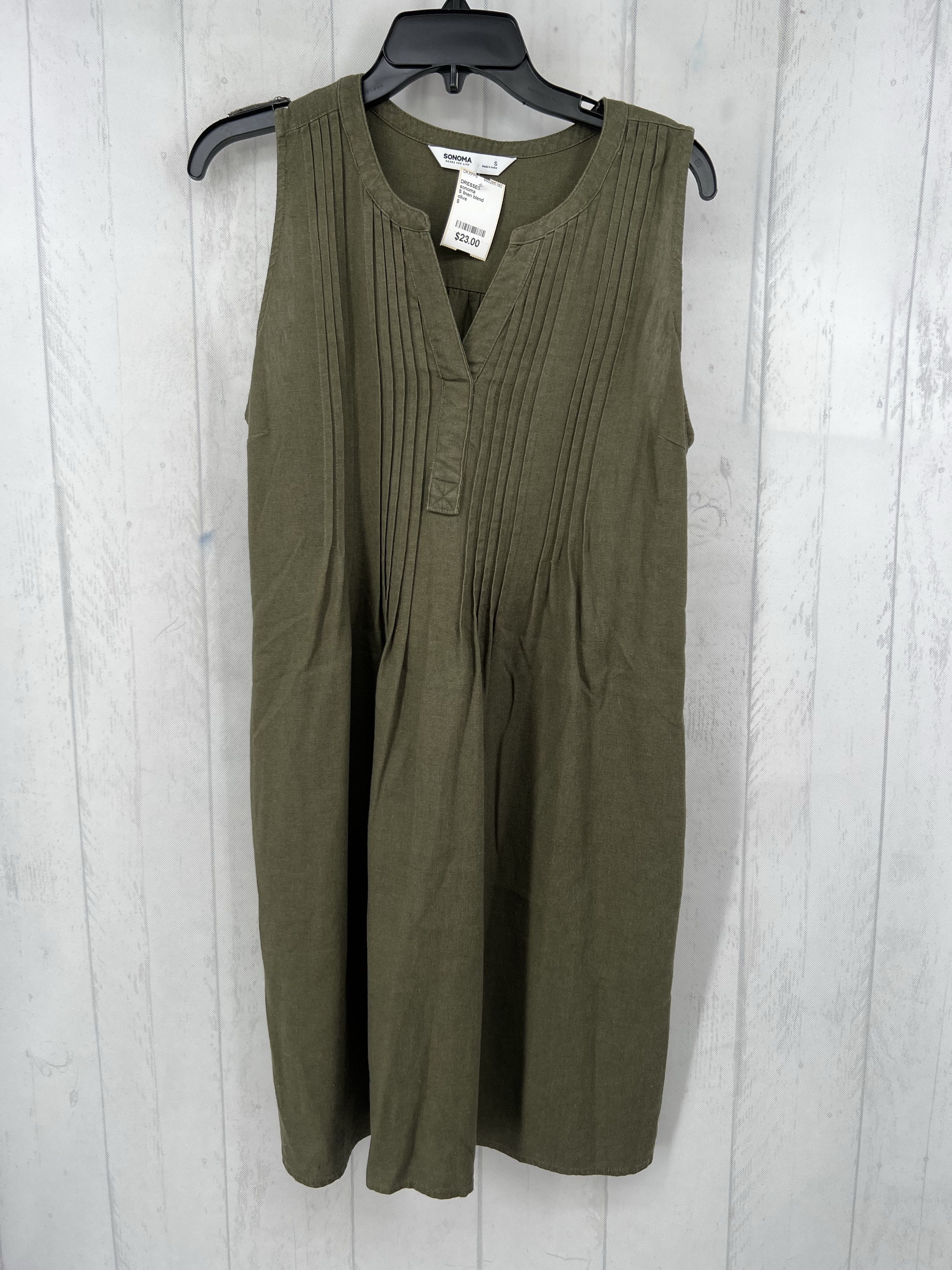 S linen blend smocked front slvls dress
