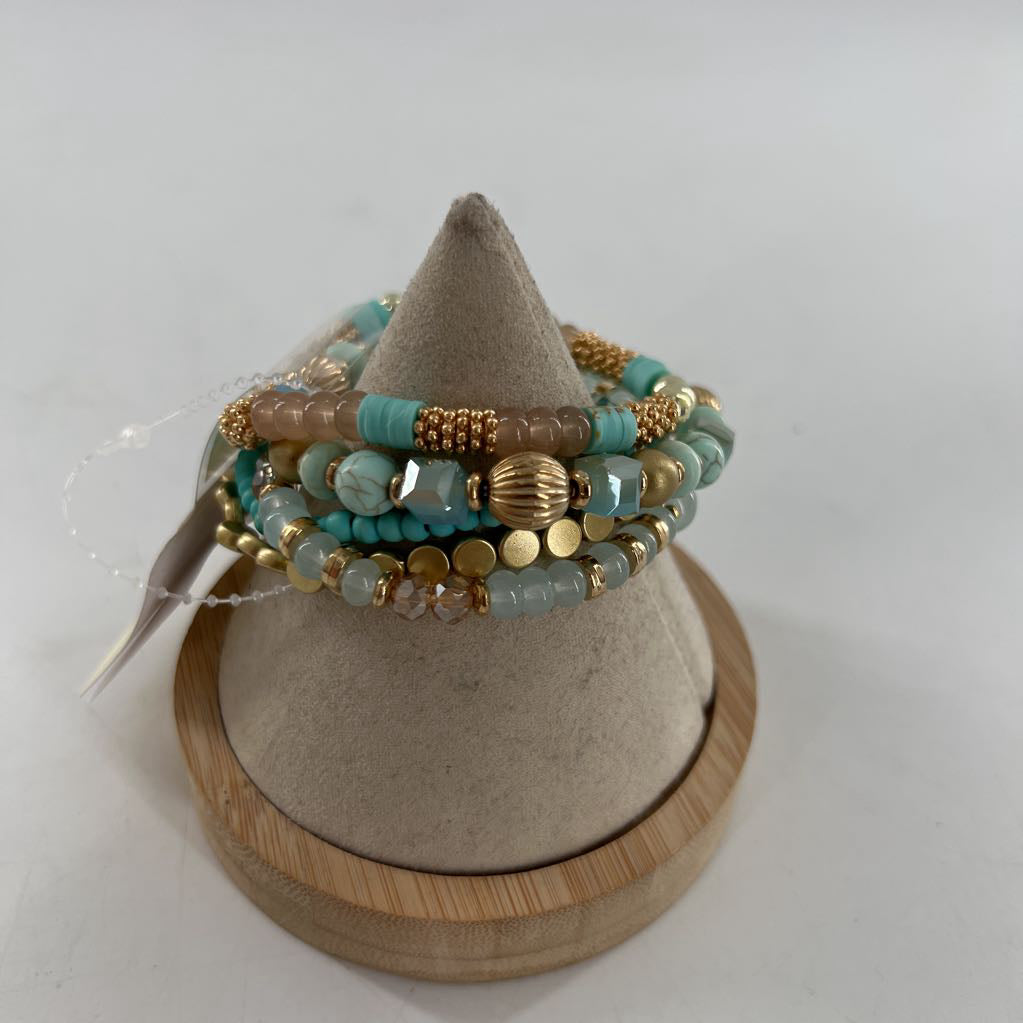 beaded stretch bracelet stack-turq/gold