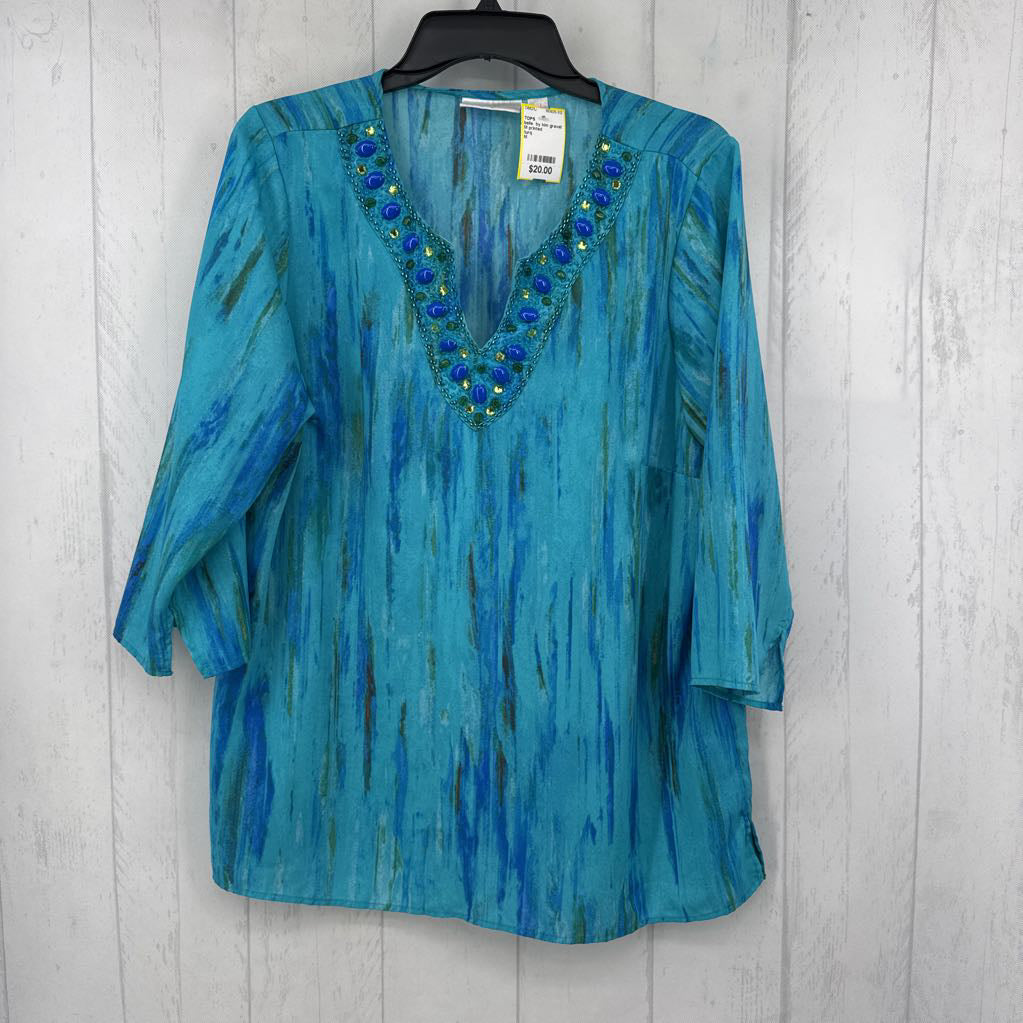 M printed embelished split neck 3/4 slv top