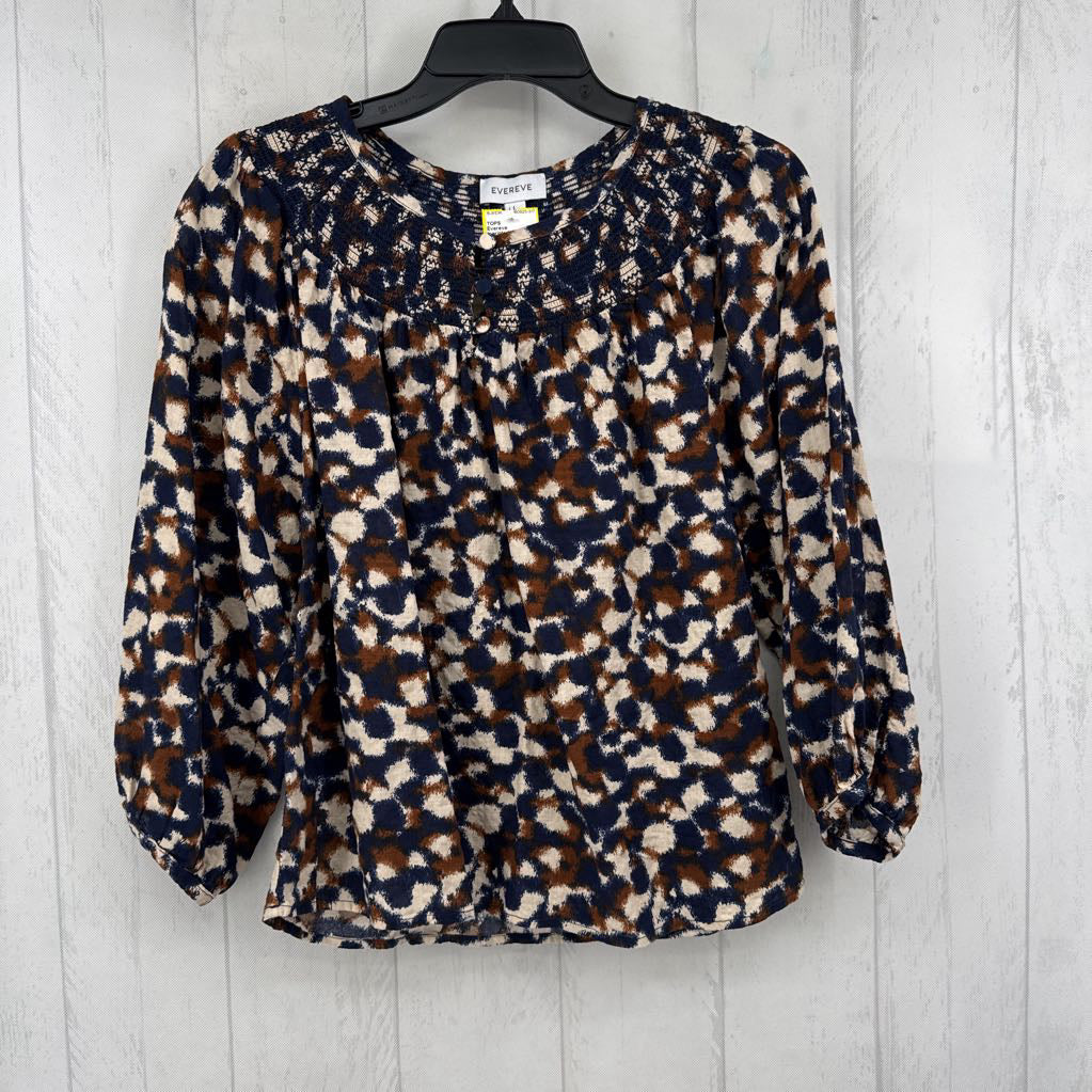L printed smocked 3/4 slv top