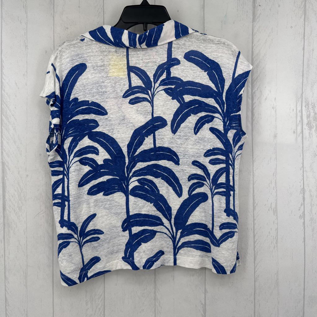 M linen flo print split neck s/s top