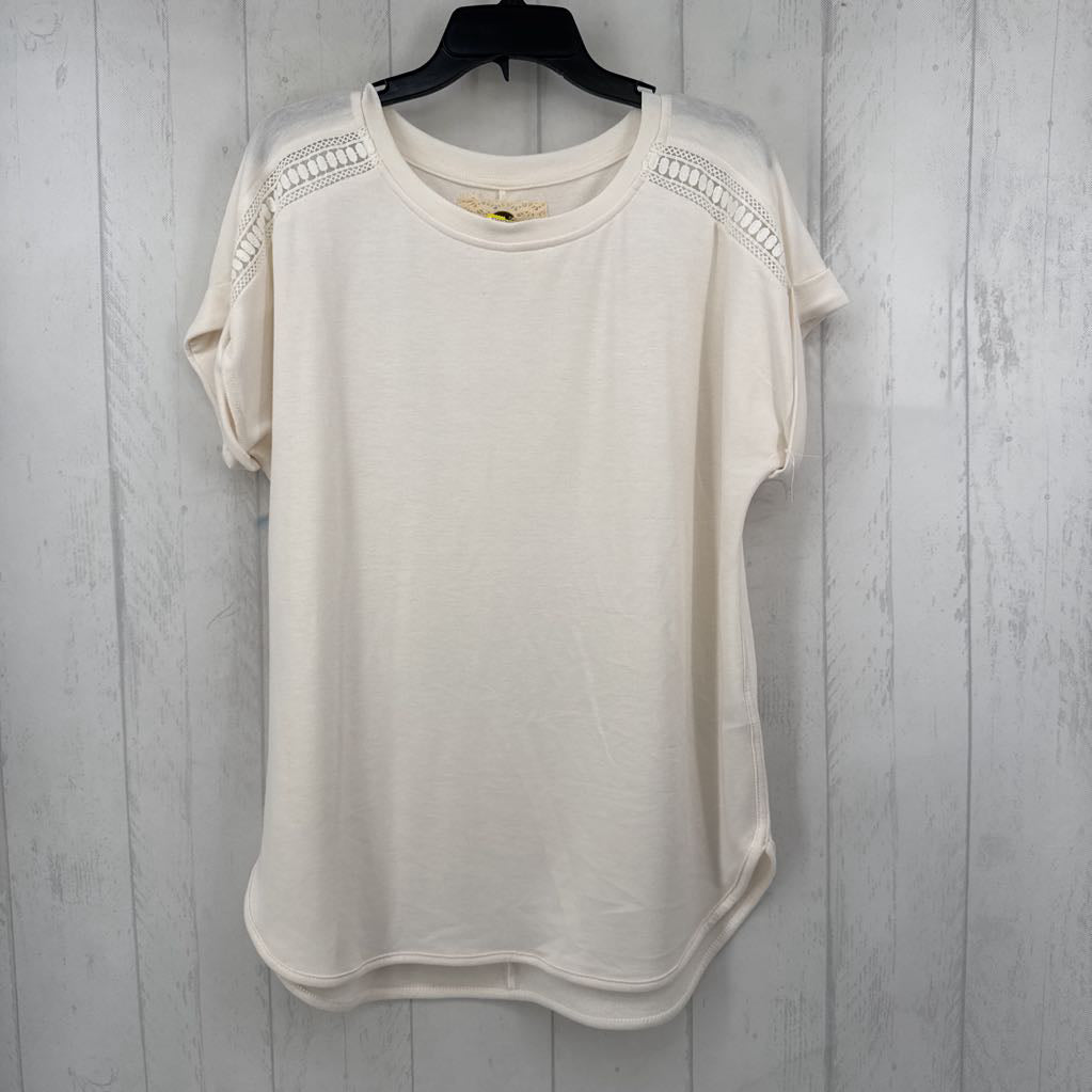 L round neck crochet trim cuffed slv top s/s