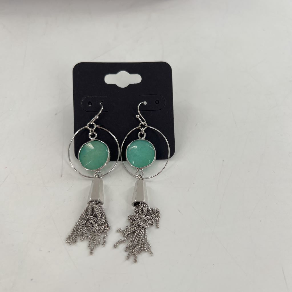 silver tassel green stone earrings