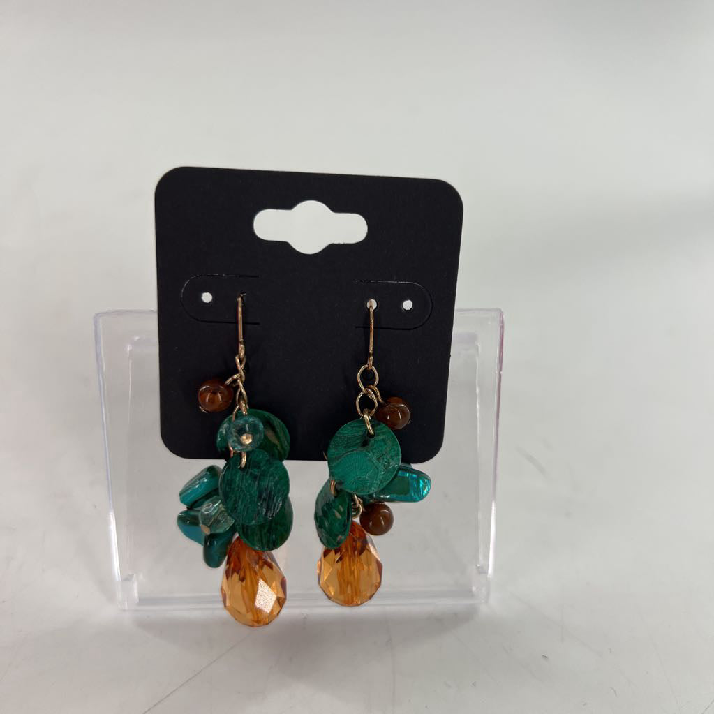 brown & green beaded cluster earrings