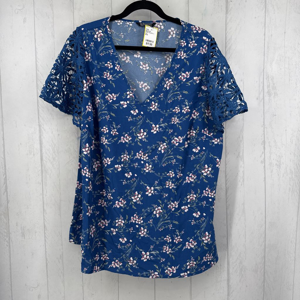 18/20 flo print v-neck lace slv top s/s