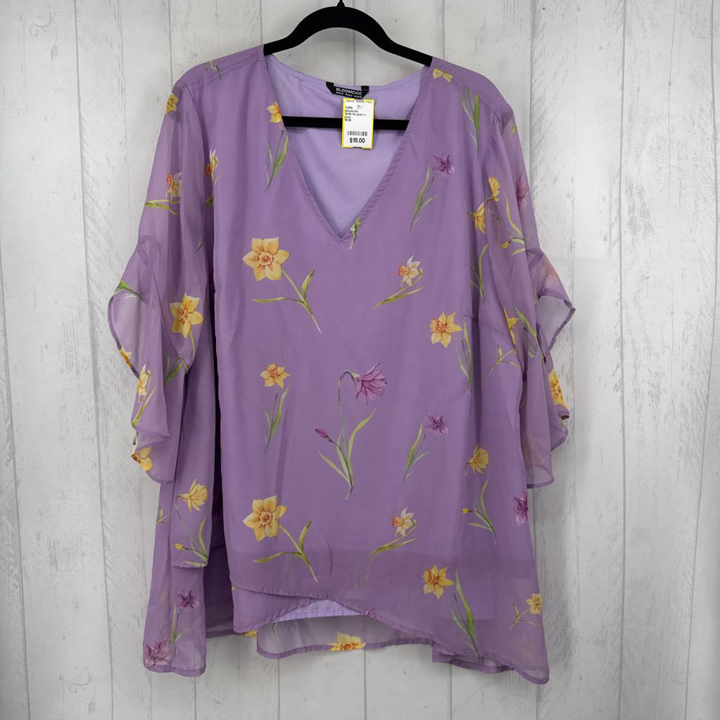 18/20 flo print v-neck 3/4 slv top