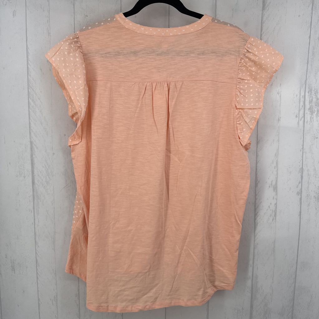R44 XXL swiss dot split neck flutter slv top