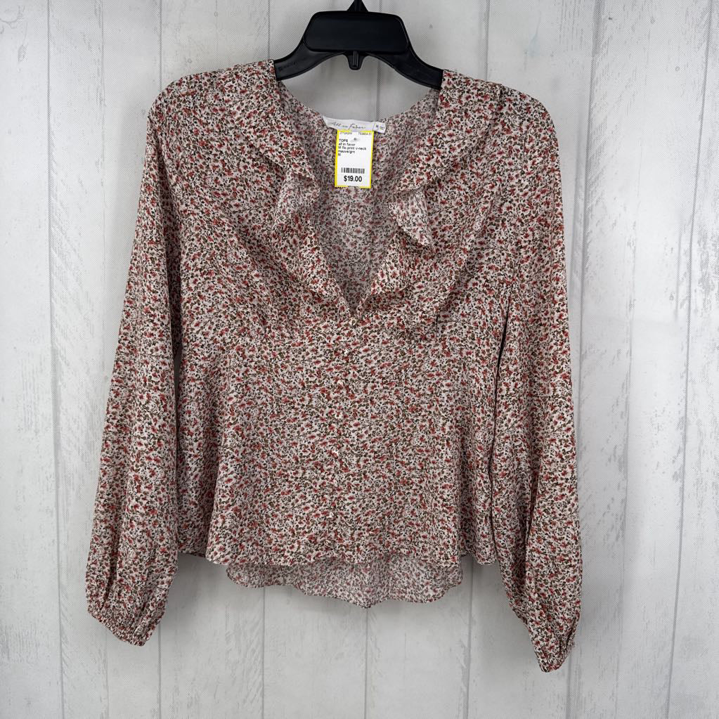 M flo print v-neck button down l/s top