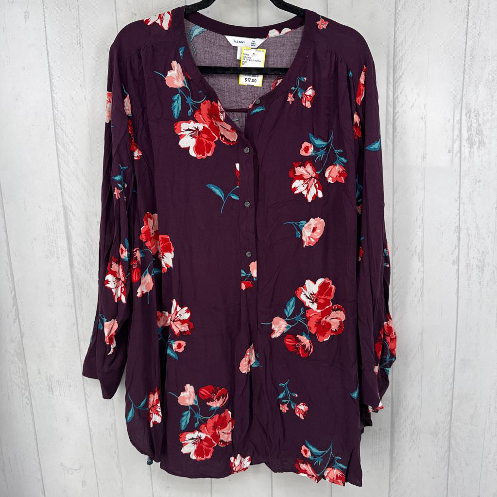 3X flo print button down l/s top