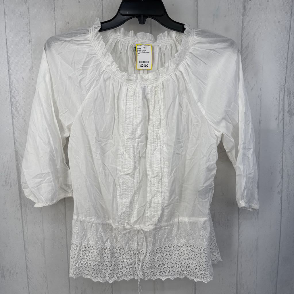 L smocked eyelet hem 3/4 slv top