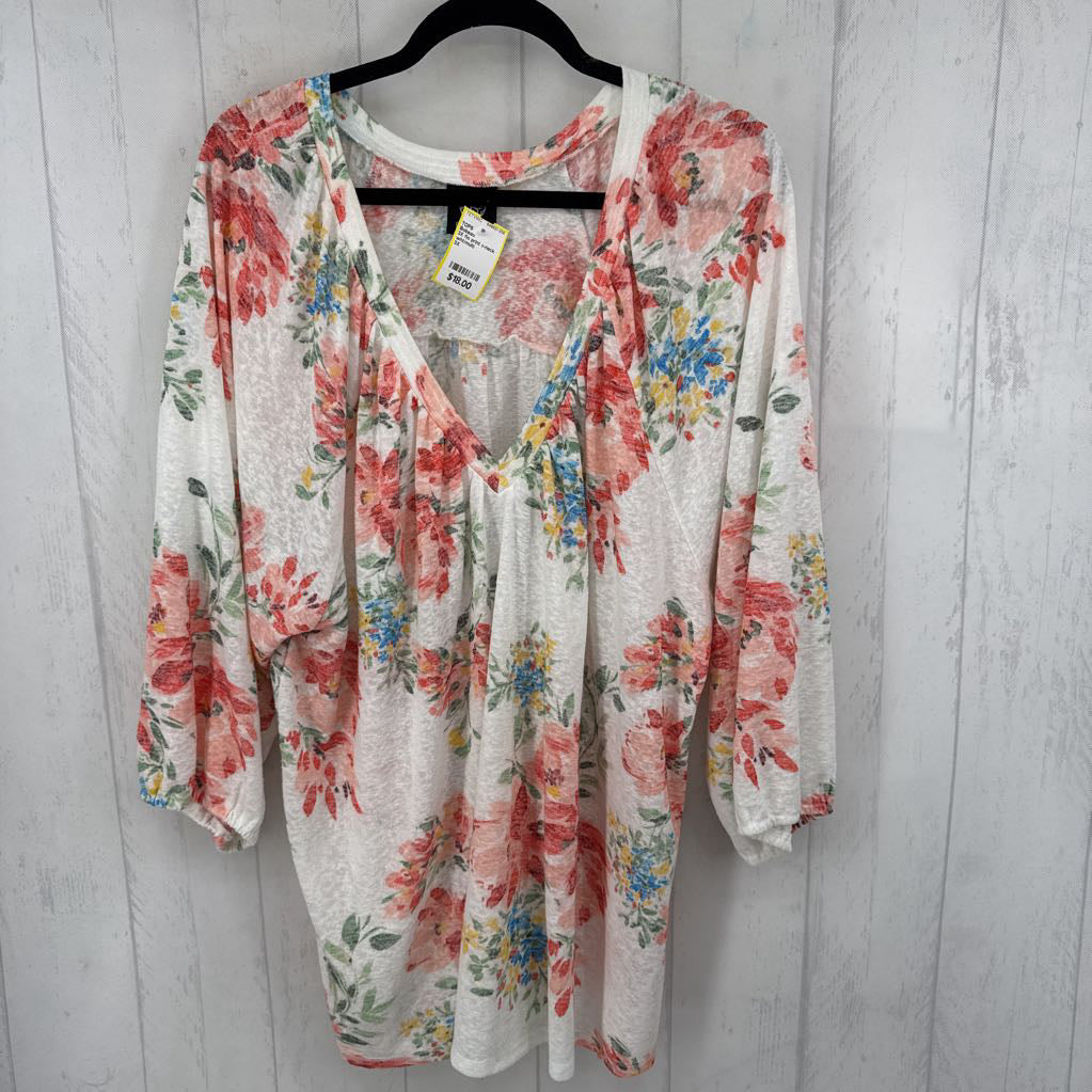 3X flo print v-neck 3/4 slv top
