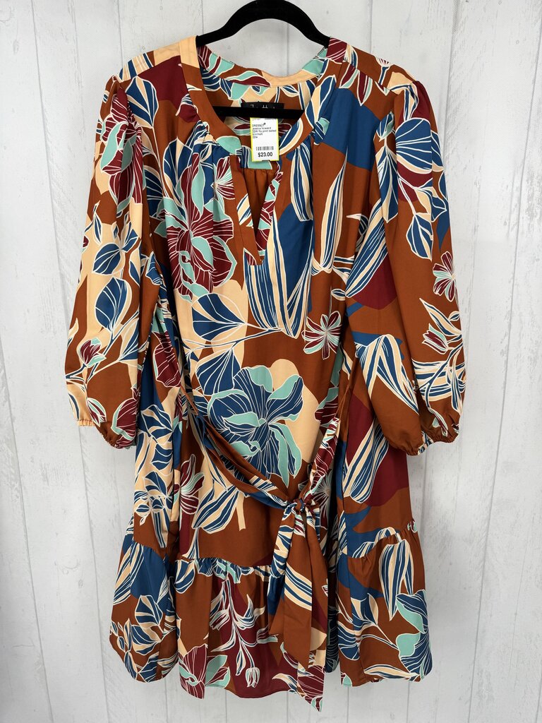 22W flo print belted 3/4 slv dress