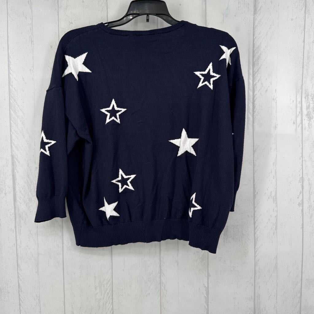 L star print v-neck 3/4 slv top