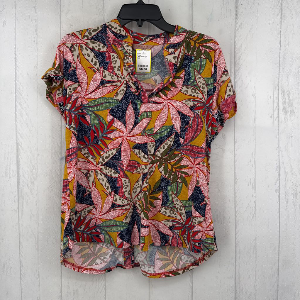 L leaf print split neck s/s top