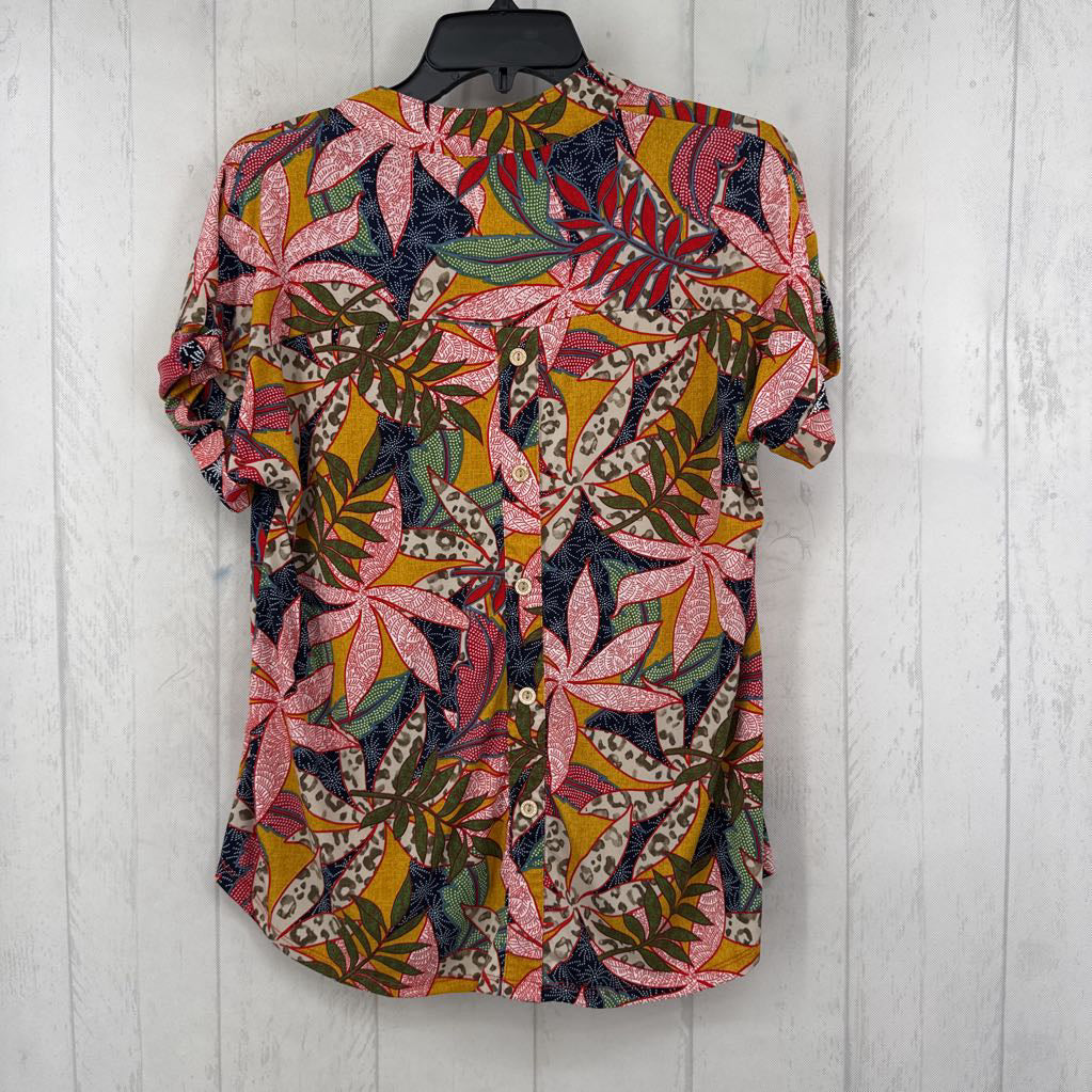 L leaf print split neck s/s top