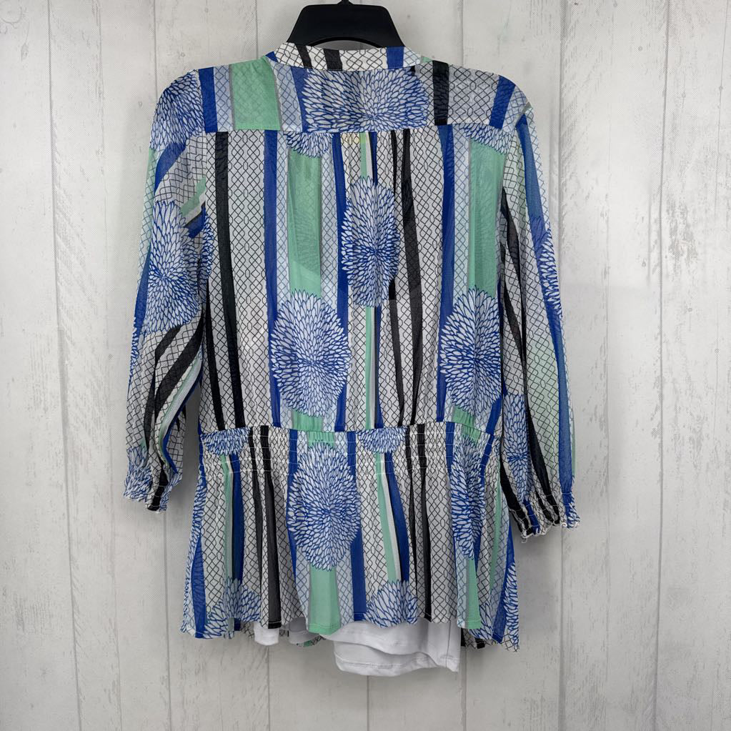 Mp printed semi-sheer 3/4 slv peplum top