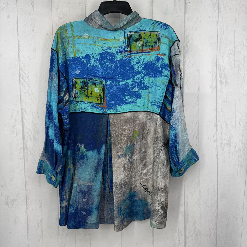 M printed button down 3/4 slv top