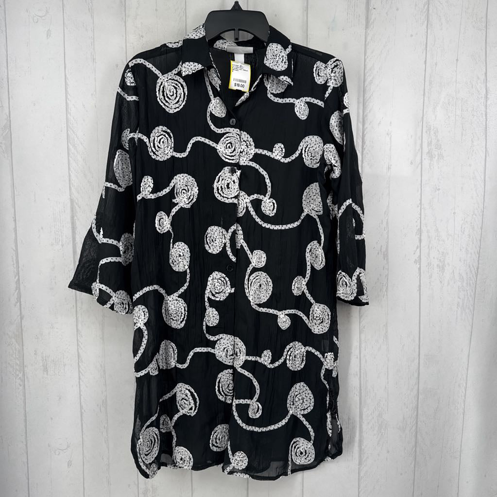 S polka dot ribbon detail button down 3/4 slv top