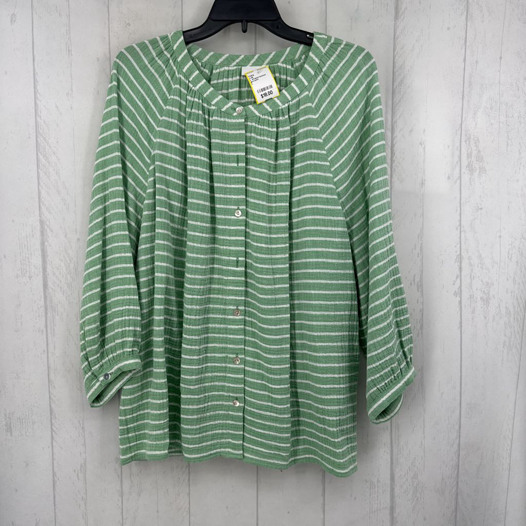 L striped button down 3/4 slv top