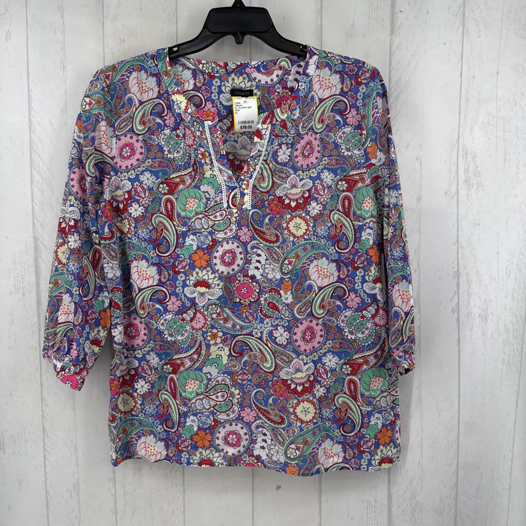 XL flo print split neck 3/4 slv top