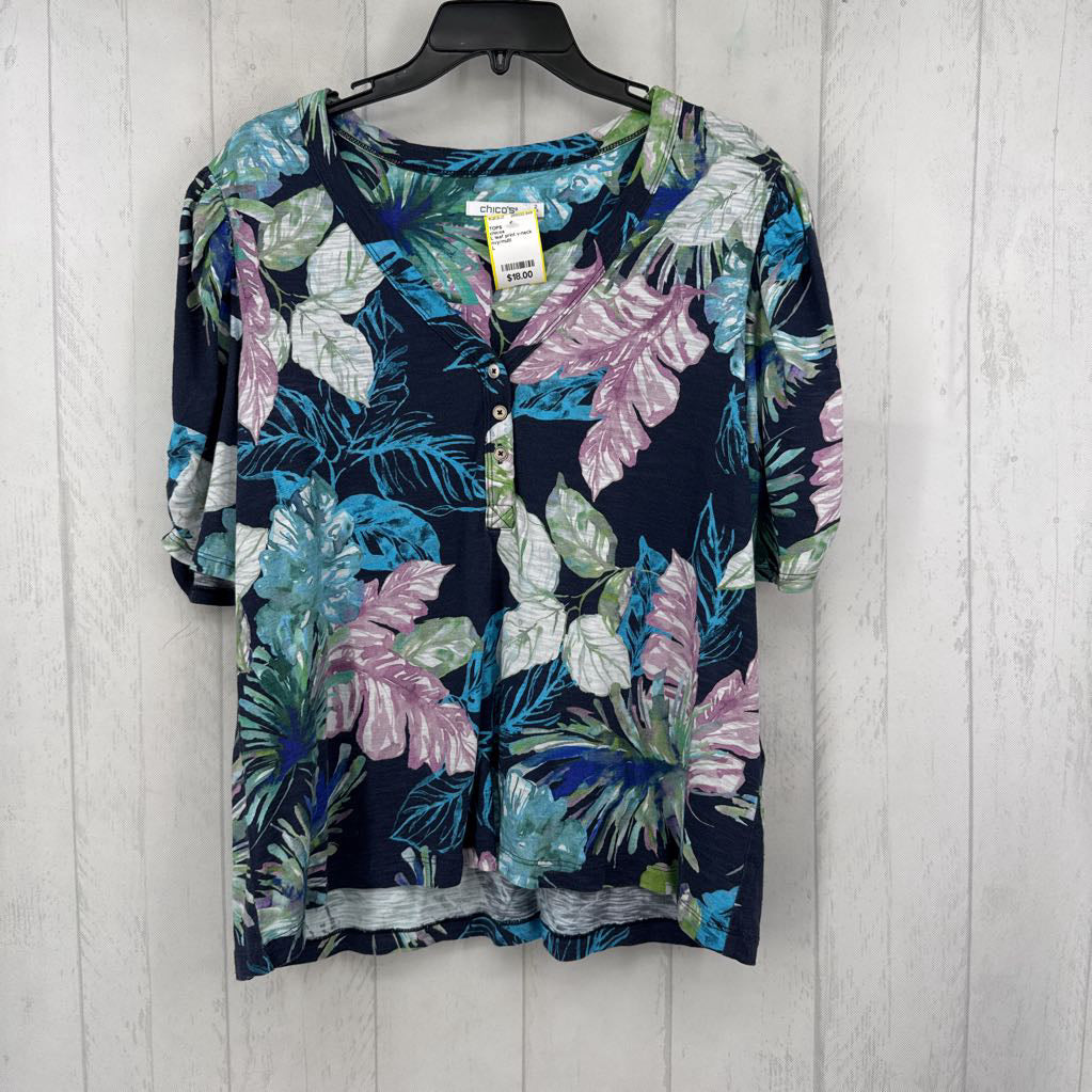 L leaf print v-neck s/s top