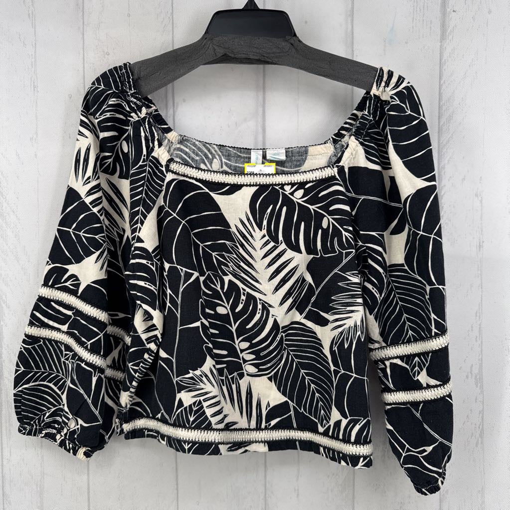 S leaf print square neck 3/4 slv top
