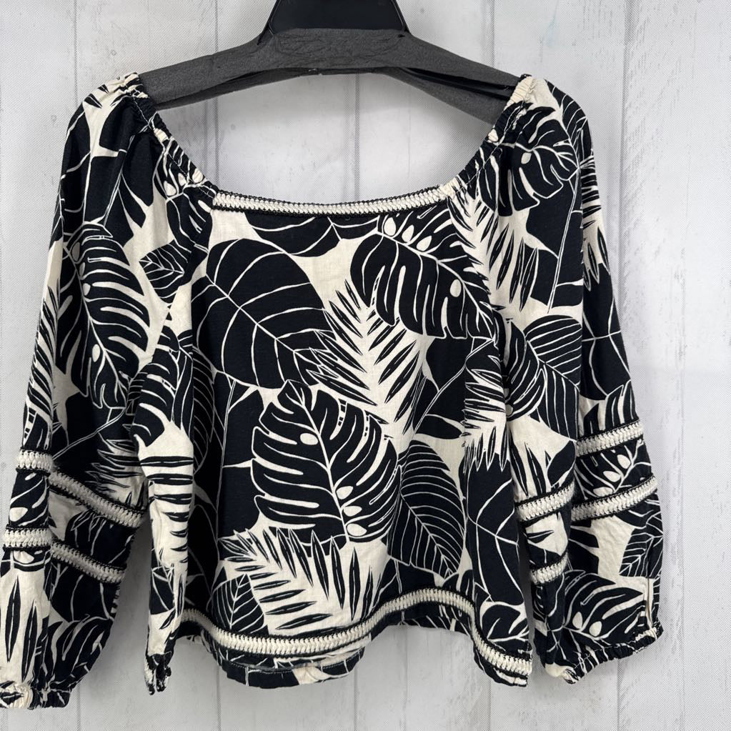 S leaf print square neck 3/4 slv top