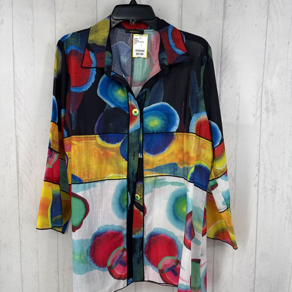 L printed button down 3/4 slv top