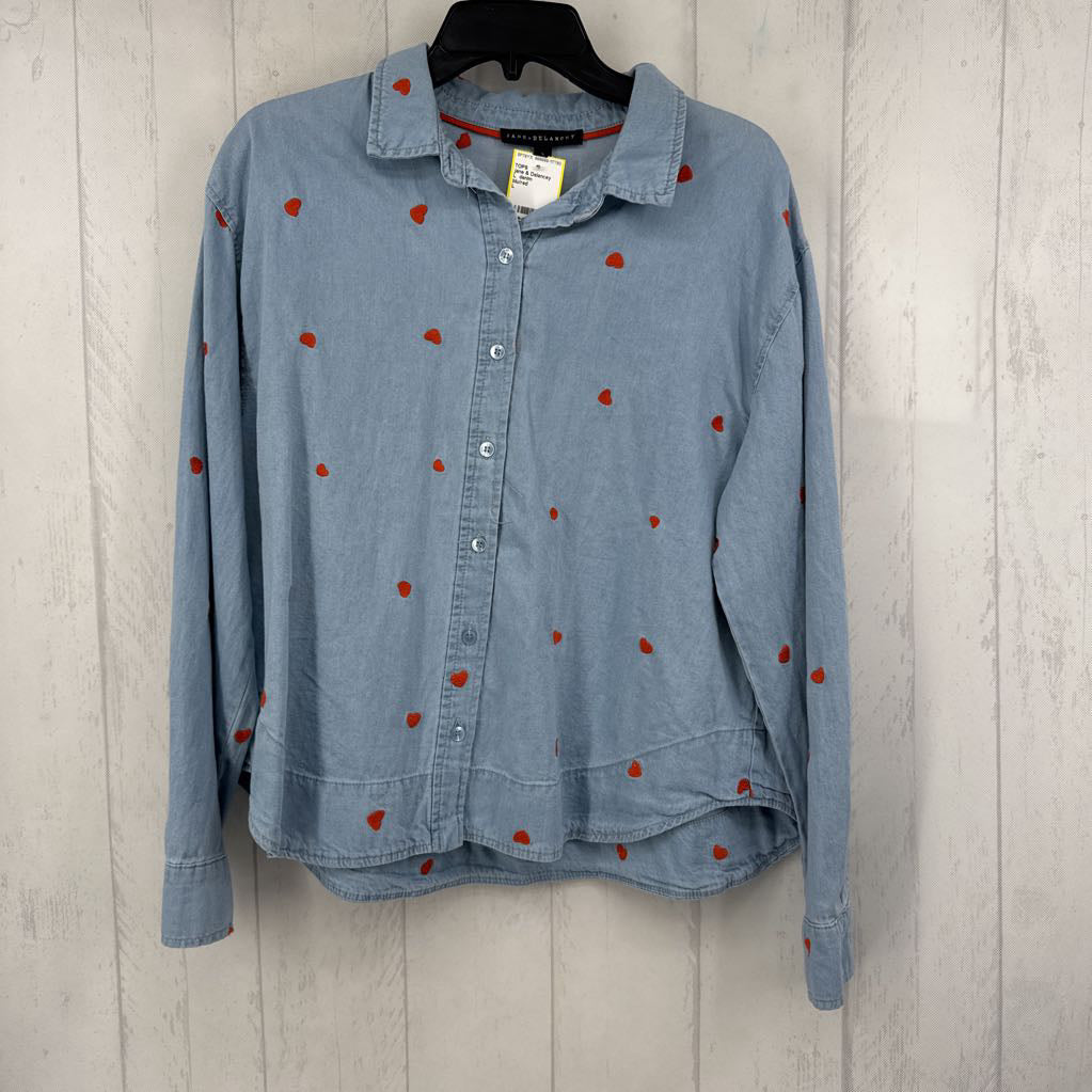 L denim embroidered hearts button down l/s top