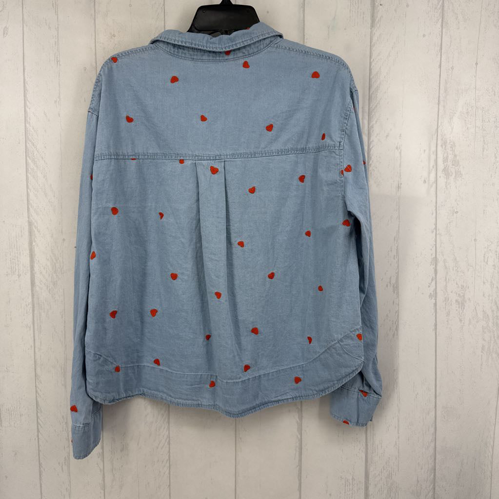 L denim embroidered hearts button down l/s top